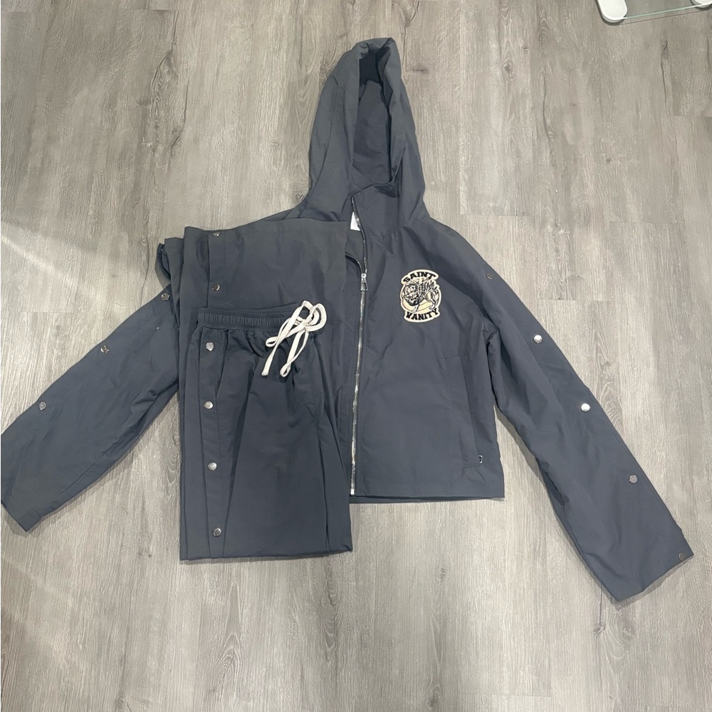 SAINT VANITY NYLON LONG SLEEVE ZIP UP HOODIE GREY AND BOTTOM